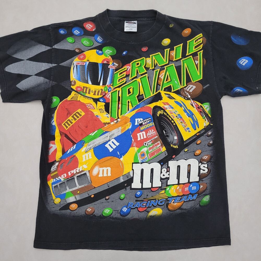 Vintage 1999 NASCAR M&M’s All Over Print Tultex T-Shirt 90s Ernie Irvan Large - Picture 1 of 15